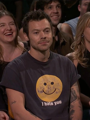 Recreated Unisex SNL 51 Harry Styles “I Hate You” T-shirt in black featuring bold graphic text and a classic crew neck design