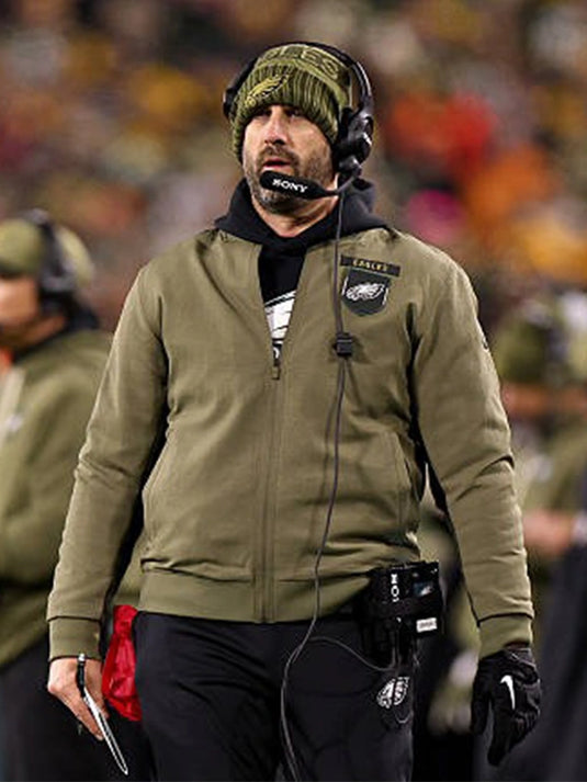 Nick Sirianni-inspired Philadelphia Eagles 2025 olive green bomber jacket crafted from breathable cotton fabric.