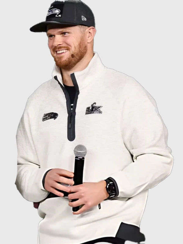 Grey Nike Tech Fleece quarter zip jacket with recreated Seahawks Super Bowl LX Opening Night 2026 styling, ideal for fan outerwear layering.