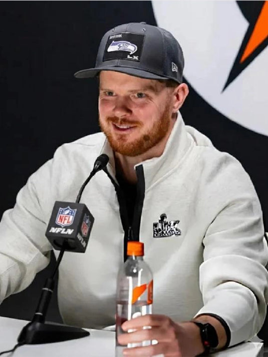 Recreated Seattle Seahawks Super Bowl LX Opening Night 2026 quarter zip jacket in grey Nike Tech Fleece with team details and soft insulated fabric.