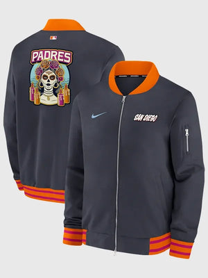 Black and orange San Diego Padres Nike 2026 City Connect bomber jacket recreated with relaxed fit and smooth athletic styling