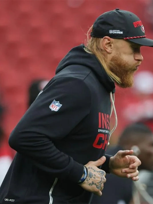 San Francisco 49ers 2025 Inspire Change black sideline hoodie highlighting Opportunity Equity Freedom Justice typography