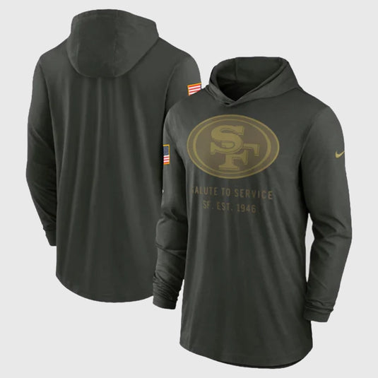 Nike Forest Green San Francisco 49ers 2025 Salute to Service Hooded Pullover T-Shirt made with breathable Dri-FIT fabric.