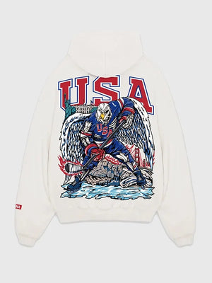Recreated Free Bird V2 off-white fleece hoodie by Sana Detroit featuring classic pullover style and modern casual appeal