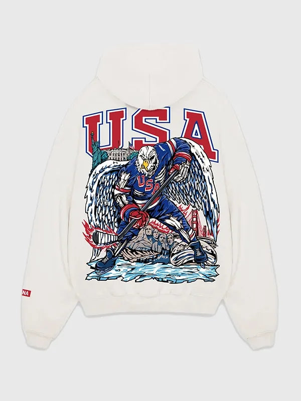 Recreated Free Bird V2 off-white fleece hoodie by Sana Detroit featuring classic pullover style and modern casual appeal