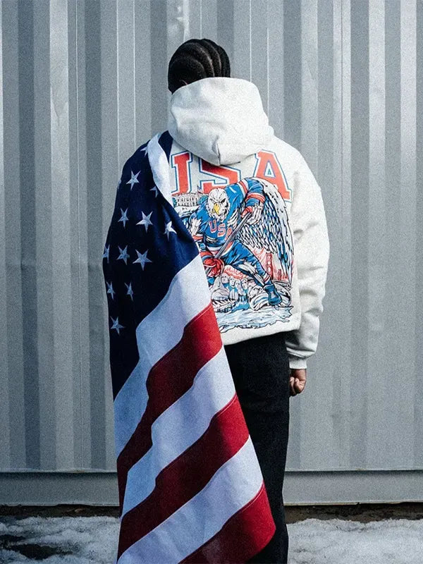 Off-white Sana Detroit 2026 Free Bird V2 unisex fleece hoodie featuring adjustable drawstring hood and ribbed cuffs