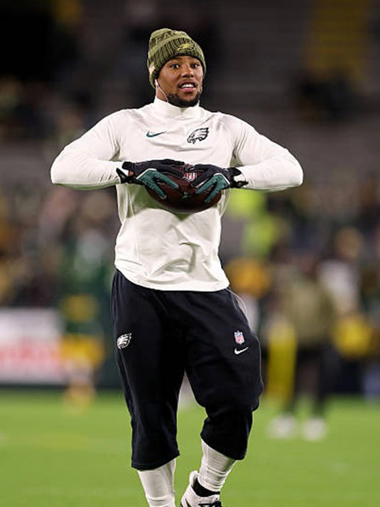 Recreated off-white long sleeve T-shirt highlighting Saquon Barkley during Eagles vs Packers matchup.