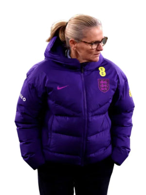 Recreated Sarina Wiegman England Lionesses women’s purple hooded puffer jacket for international friendly matches by Nike