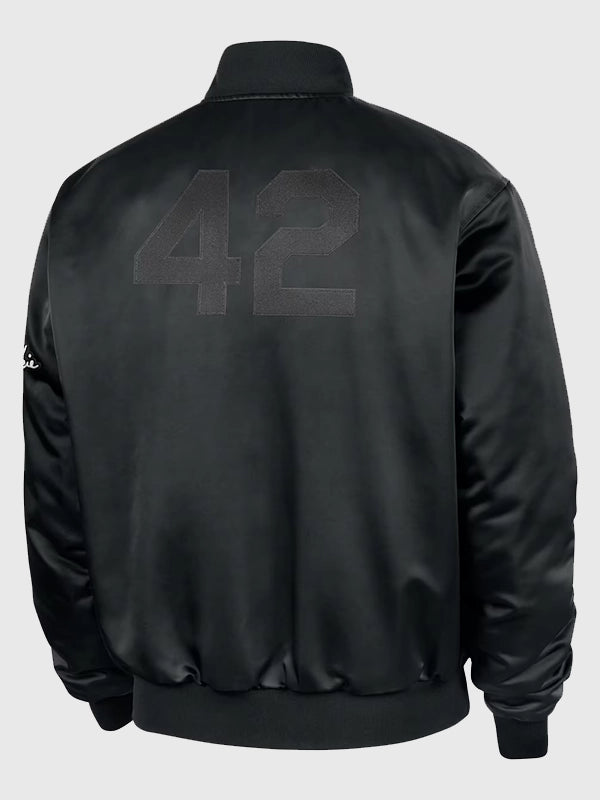 Nike Sportswear Club Jackie Robinson Bomber Jacket in black with glossy satin exterior and ribbed trim construction