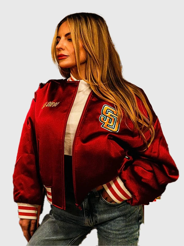 Recreated red San Diego Padres x Petco Park satin bomber jacket with sleek design and comfortable everyday outerwear style