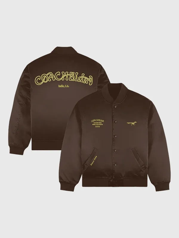 Recreated brown Coachella 2026 satin bomber jacket with comfortable structure and refined outerwear styling