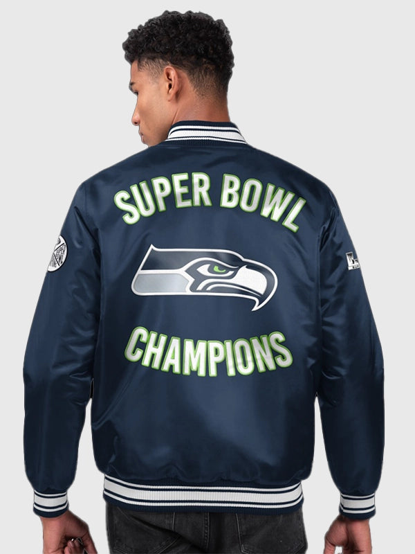 Seattle Seahawks Two‑Time Super Bowl Champions navy satin full‑snap jacket featuring embroidered wordmark and team details