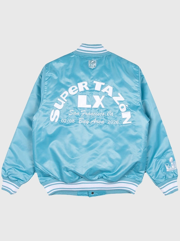 Super Tazón LX Bad Bunny unisex light blue satin jacket with classic snap‑front closure and detailed embroidered design