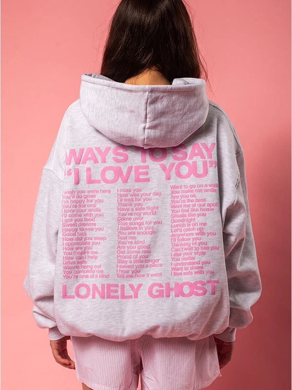 Recreated Lonely Ghost women’s hoodie in grey with an oversized fit and expressive graphic theme
