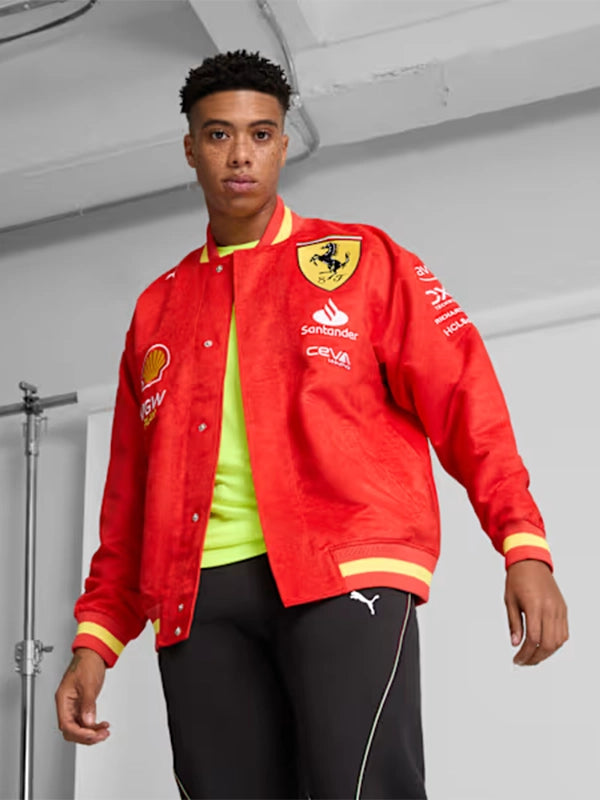 RECREATED Scuderia Ferrari Red Varsity Jacket featuring a structured silhouette with refined motorsport styling