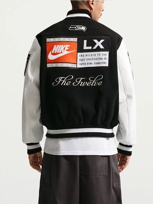 Black and white Seahawks championship varsity jacket celebrating Super Bowl 60 victory with bold lettering