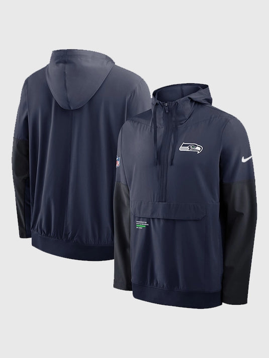 Recreated 2025 Mike MacDonald Seahawks sideline jacket featuring hooded anorak design and lightweight construction