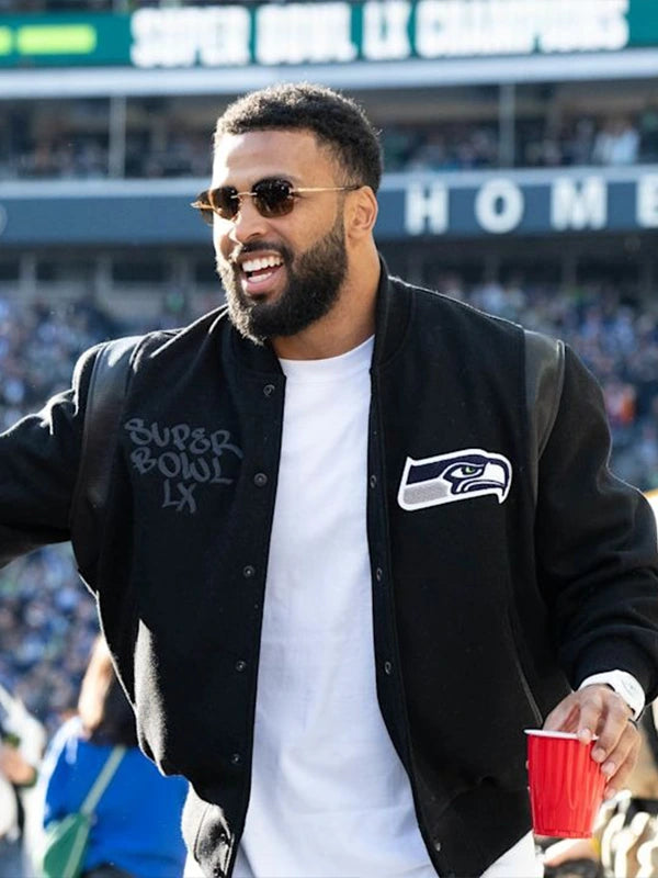 Recreated black Seattle Seahawks Super Bowl LX champs jacket with snap-front closure and celebratory team graphics