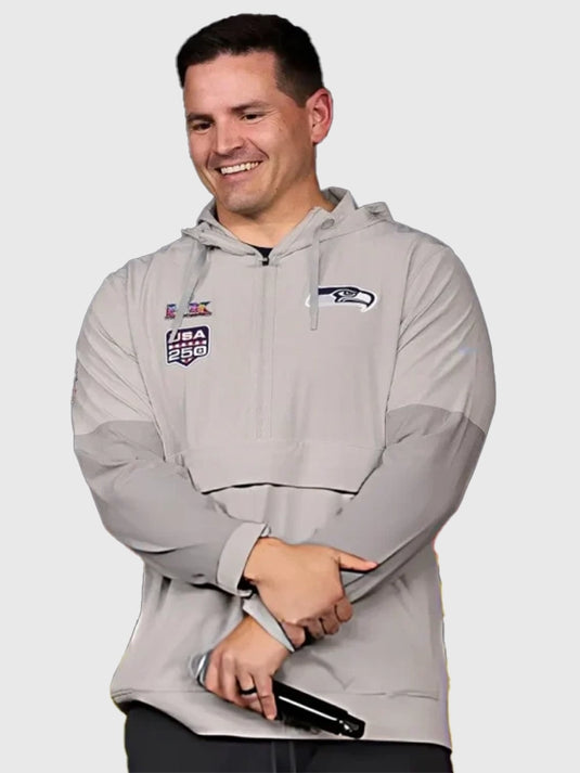 Grey anorak jacket with pullover closure recreated from the Super Bowl LX Opening Night 2026 Seattle Seahawks coaching collection worn by Mike MacDonald.
