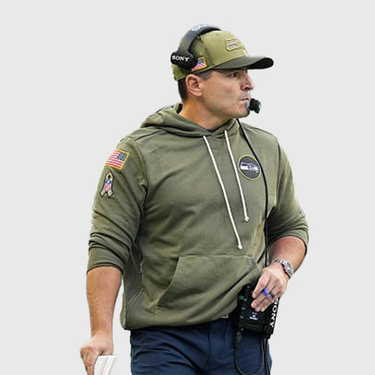 Mike Macdonald-inspired Seahawks 2025 Salute to Service hoodie featuring soft fleece fabric and military tribute details.