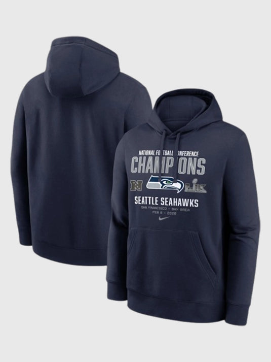 Recreated Seattle Seahawks Nike 2025 NFC Champions Team Nation pullover hoodie in navy