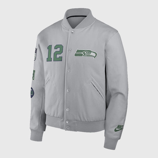Seahawks 2025 Rivalries Varsity Jacket by Nike crafted from wool with leather sleeve design.