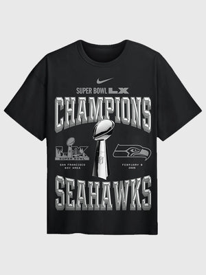 Black Nike Seahawks Super Bowl LX Champions Locker Room Trophy Collection tee featuring printed team and event design