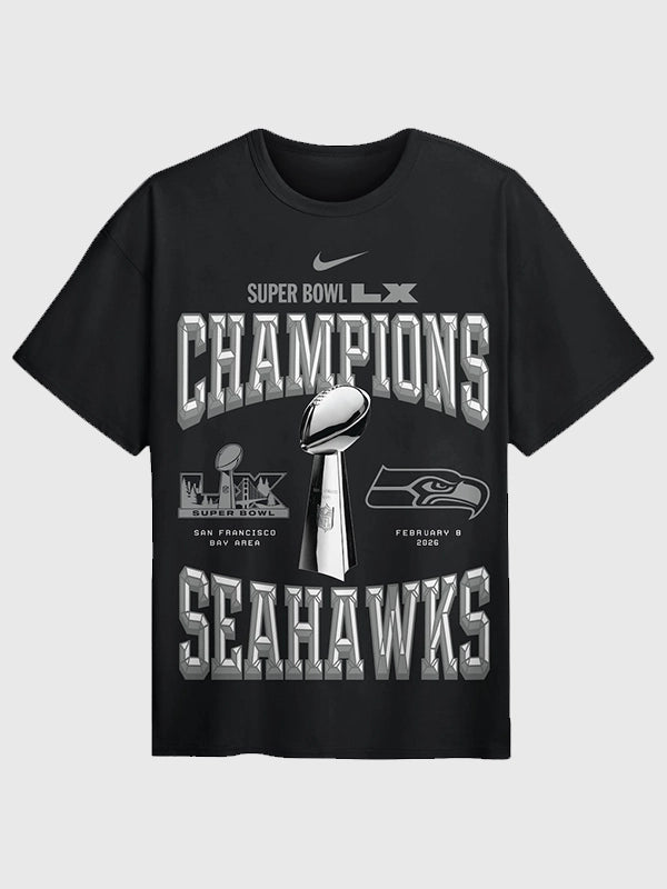 Black Nike Seahawks Super Bowl LX Champions Locker Room Trophy Collection tee featuring printed team and event design