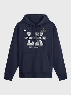 Recreated Seattle Seahawks Nike Super Bowl LX Champions Sacrifice navy pullover fleece hoodie with bold championship graphic and cozy hood