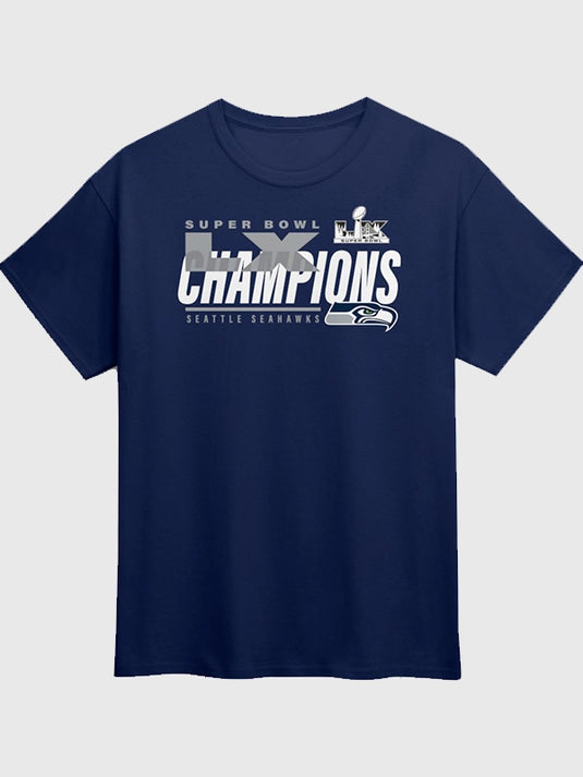 Navy unisex Seahawks Super Bowl LX Champions iconic victory tee featuring screen-printed celebratory design