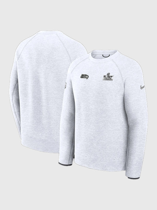 Modern grey Seahawks Tech Fleece sweatshirt recreated from the Super Bowl LX 2026 Opening Night look, offering a smooth texture and athletic appeal.