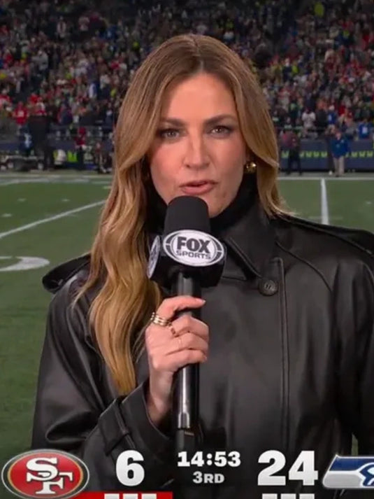Erin Andrews style RECREATED black leather coat with a sleek silhouette inspired by 2025 NFL playoffs fashion