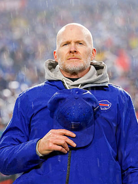 Buffalo Bills blue hooded zip jacket featuring Sean McDermott inspired 2025 sideline design, recreation version