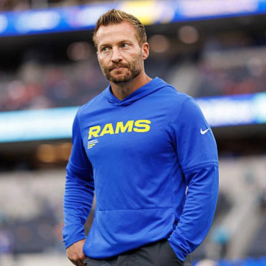 LA Rams 2025 blue sideline hoodie t-shirt designed like Sean McVay’s performance game gear.
