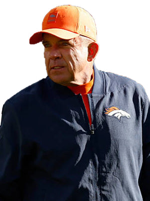 Denver Broncos navy sideline bomber jacket worn by Coach Sean Payton with clean fleece-lined comfort