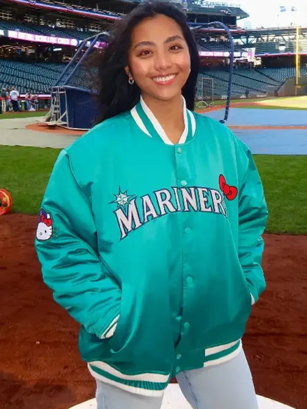 RECREATED Seattle Mariners Hello Kitty Green Bomber Jacket inspired by Michelle Villafuerte showcasing a classic bomber design with fun graphics