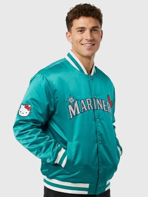 RECREATED Michelle Villafuerte Seattle Mariners Hello Kitty Green Bomber Jacket featuring a bold silhouette with playful character-inspired detailing