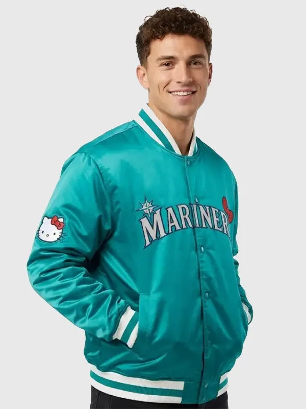 RECREATED Michelle Villafuerte Seattle Mariners Hello Kitty Green Bomber Jacket featuring a bold silhouette with playful character-inspired detailing