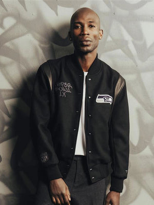 Recreated Seattle Seahawks Fanatics x APEXER Super Bowl LX Champions black full‑snap artisan jacket with custom chain‑stitch lettering and limited edition details