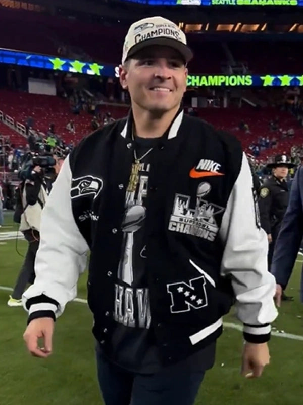 Recreation Seattle Seahawks Super Bowl 2026 Champions Mike Macdonald varsity jacket in black with contrasting white sleeves and embroidered details