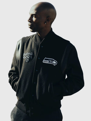 Recreation black wool Seattle Seahawks Super Bowl LX champions varsity jacket with classic varsity silhouette and team branding
