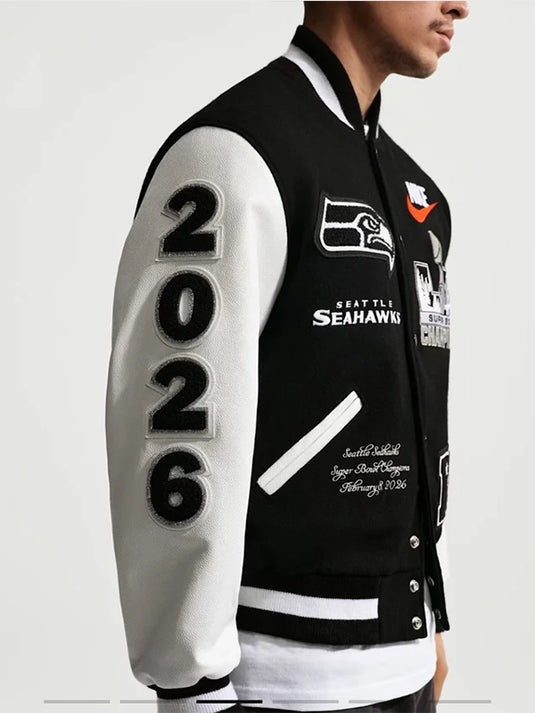 Unisex black and white Seahawks letterman varsity jacket commemorating Super Bowl 2026 championship season
