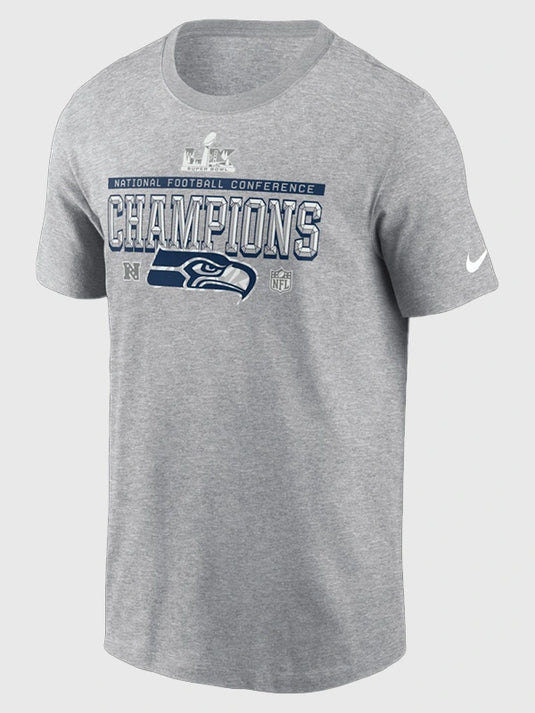 Heather grey Nike t-shirt celebrating Seattle Seahawks 2025 NFC Champions locker room victory