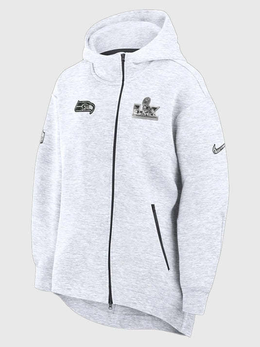 Grey Nike Tech Fleece full zip hoodie recreated for the Seattle Seahawks Super Bowl LX Opening Night 2026 with a soft fleece interior and casual fit.