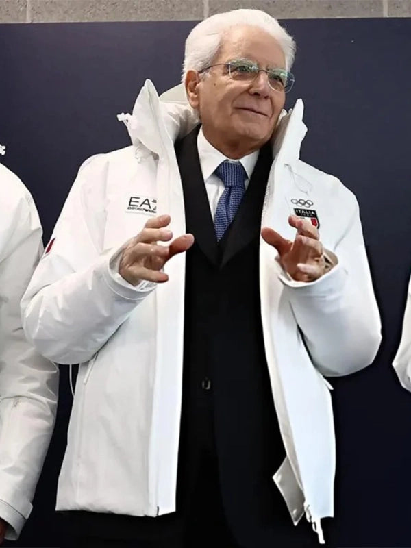 Recreated Milano Cortina 2026 Winter Olympic Sergio Mattarella Team Italy EA7 white jacket with clean winter styling and lightweight insulation