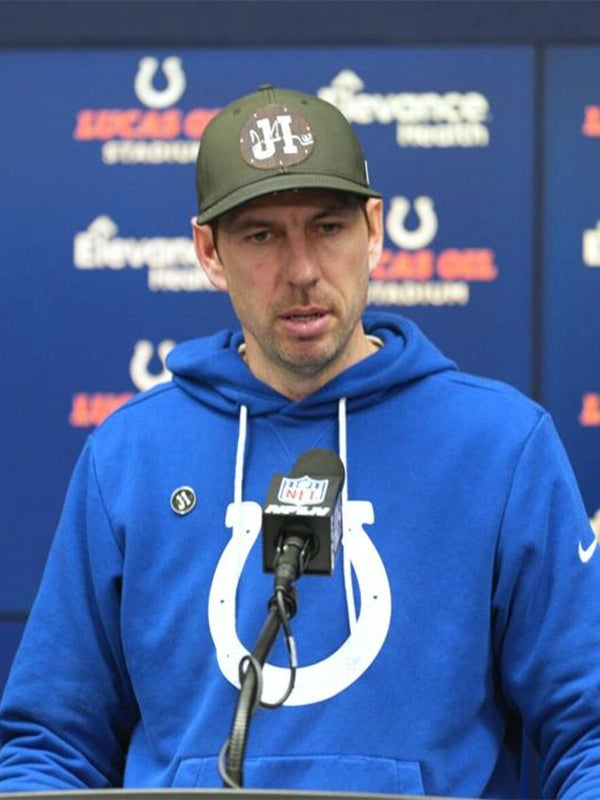 Recreated Indianapolis Colts Nike sideline hoodie in blue featuring coach-style silhouette and soft fleece interior