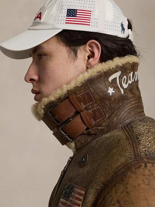 Recreated Polo Ralph Lauren leather jacket designed for Team USA 2026 with classic flight jacket detailing