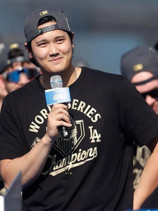 Black Dodgers 2025 World Series Celebration Tee recreated in tribute to Shohei Ohtani’s iconic moment.