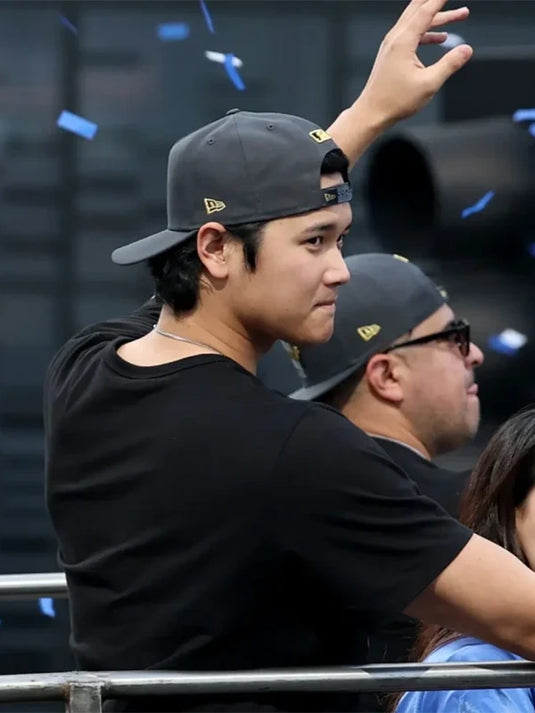 Recreated Shohei Ohtani Dodgers World Series 2025 Celebration T-Shirt in soft black cotton fabric.