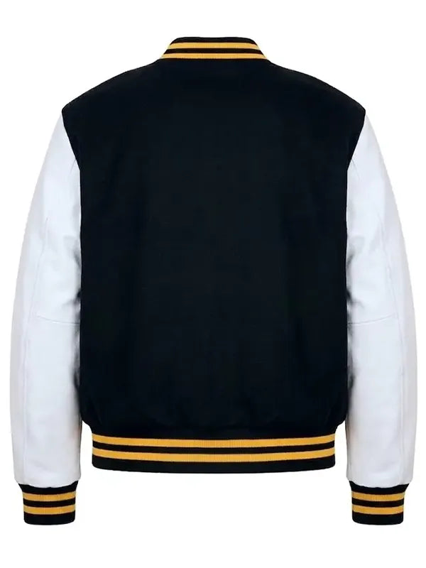 Solflare black and white wool varsity jacket recreated with structured silhouette and timeless varsity aesthetic